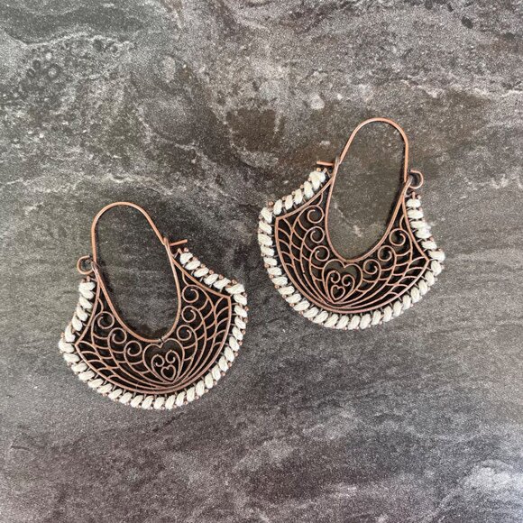 Boho Copper Filigree Hoop Earrings with Cream Accents Handmade 2 Inch Drop Light - Picture 2 of 6